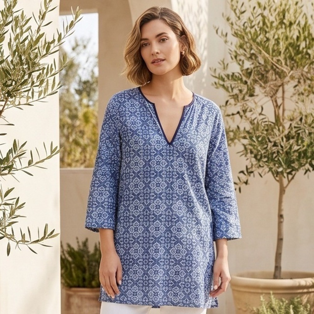 J. Crew XL Blues Medallion Print Cotton V-Neck Tunic Top C2343 Flowy Airy